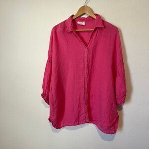 Sunday St. Tropez Fuchsia Pink Linen Long Sleeve Button Down Shirt Women's One S
